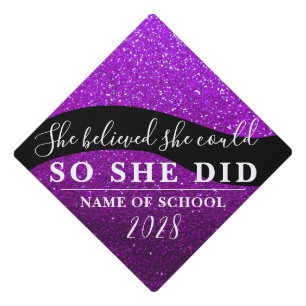 She Believed She Could Plum Black Glitter Sparkles Graduation Cap Topper