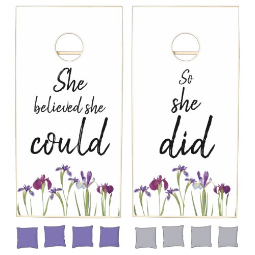 She Believed She Could Purple Watercolor Flowers Cornhole Set