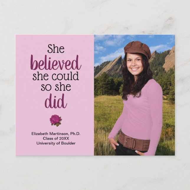 She Believed She Could Rose Graduation Party Photo Invitation Postcard (Front)