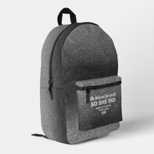 She Believed She Could Silver Black Glitter Printed Backpack (Back Corner Left)