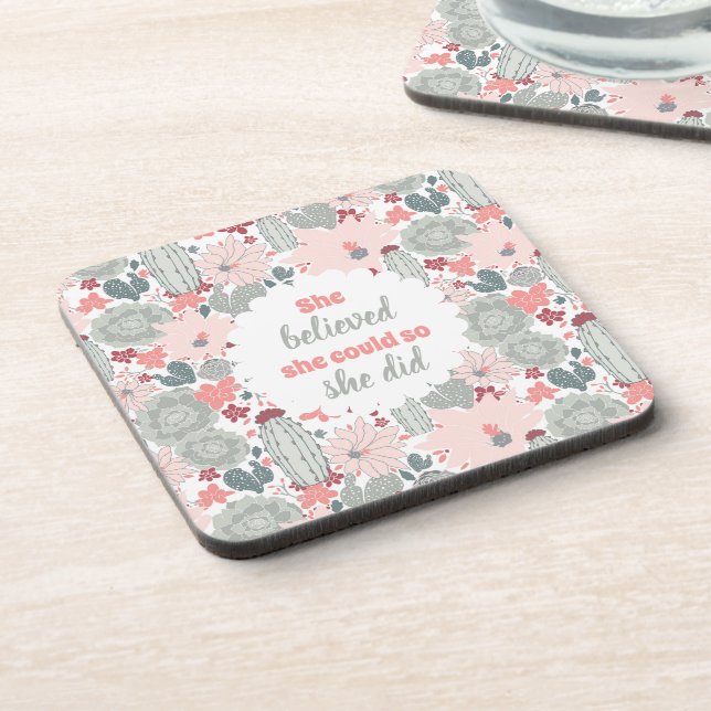 She Believed She Could So She Did Cactus Succulent Beverage Coaster (Left Side)