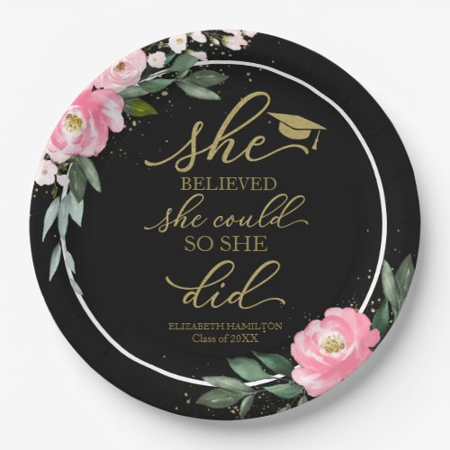 She Believed She Could So She Did Grad Party Black Paper Plates