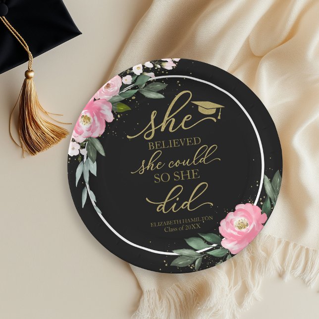 She Believed She Could So She Did Grad Party Black Paper Plates (Creator Uploaded)