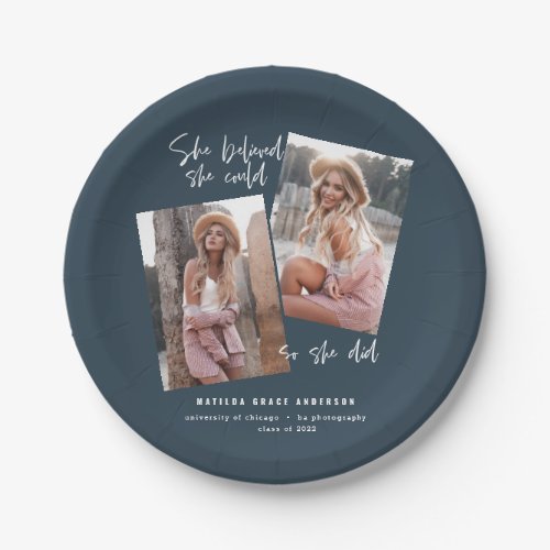 She believed she could so she did graduation blue paper plates