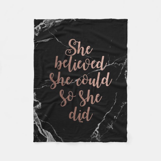 "She Believed She Could So She Did" Rose Gold Fleece Blanket (Front)