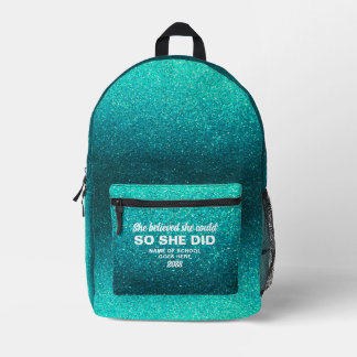 She Believed She Could Turquoise Glitter Sparkles Printed Backpack