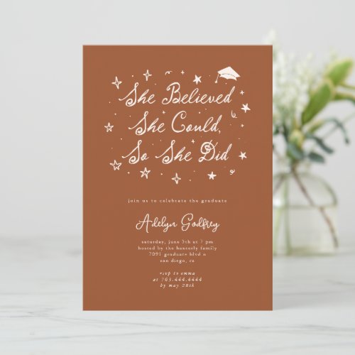 She Believed Typography Brown Graduation Party Invitation