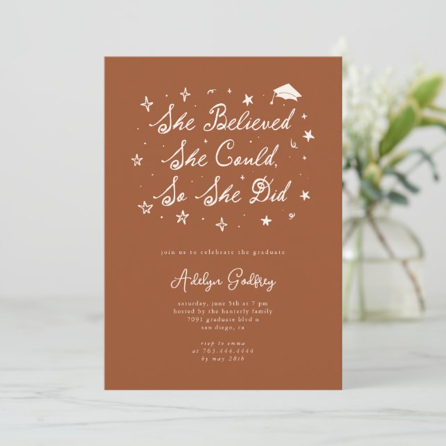 She Believed Typography Brown Graduation Party Invitation (Standing Front)