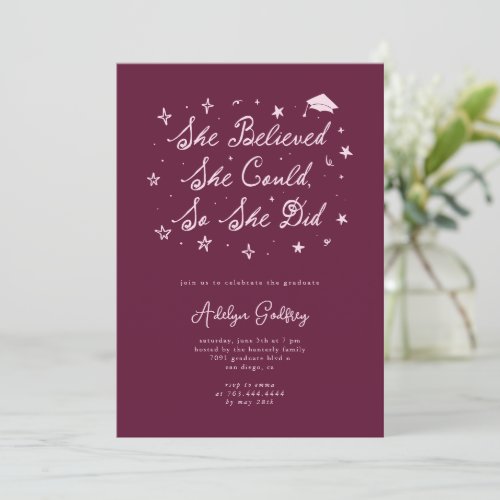 She Believed Typography Cranberry Graduation Party Invitation