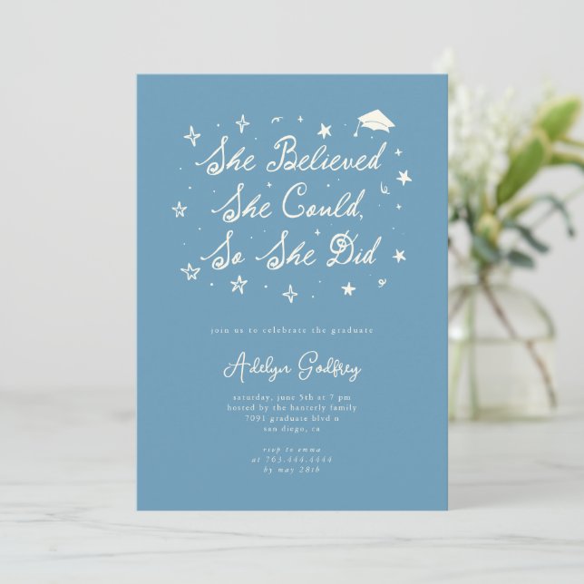 She Believed Typography Denim Blue Grad Party Invitation (Standing Front)