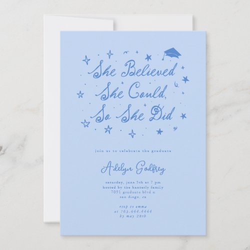 She Believed Typography Icy Blue Graduation Party Invitation