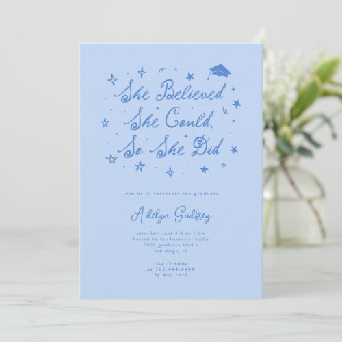 She Believed Typography Icy Blue Graduation Party Invitation