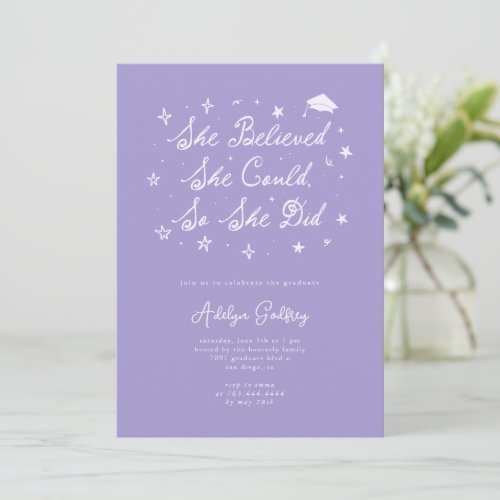 She Believed Typography Lilac Graduation Party Invitation