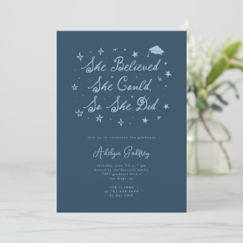 She Believed Typography Navy Blue Graduation Party Invitation