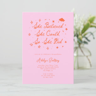She Believed Typography Orange Pink Grad Party Invitation