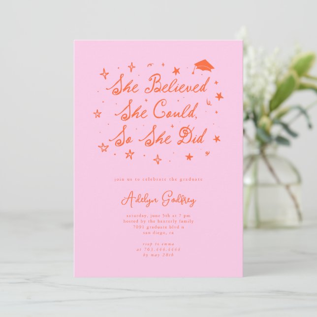 She Believed Typography Orange Pink Grad Party Invitation (Standing Front)