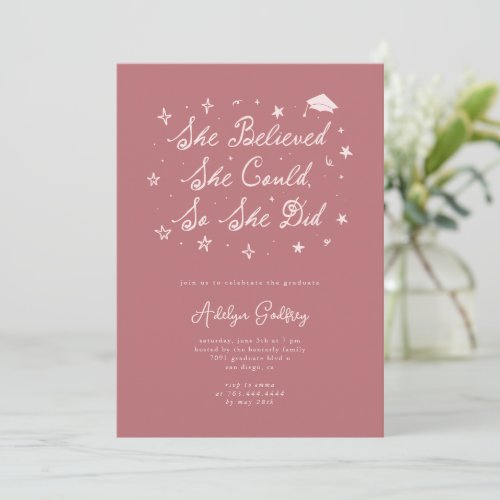 She Believed Typography Pink Graduation Party Invitation