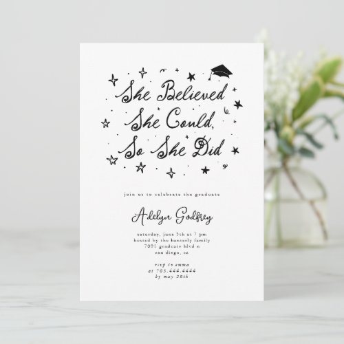 She Believed Typography White Graduation Party Invitation