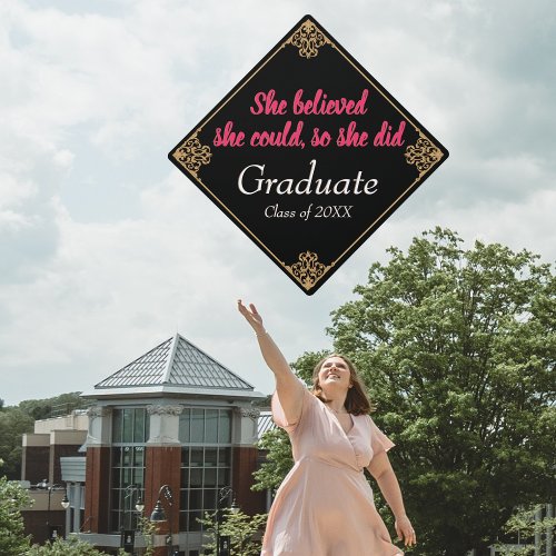 She Believed Vintage Black Gold Baroque Frame Pink Graduation Cap Topper