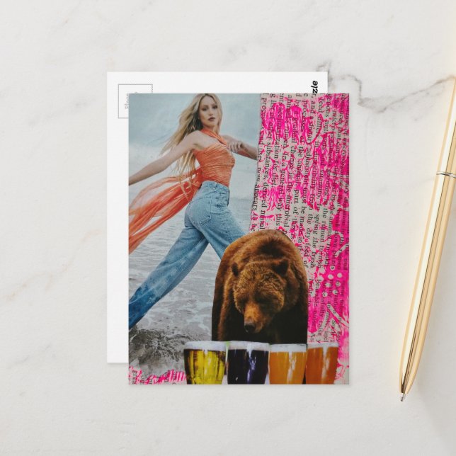She Chose The Bear surreal collage Postcard (Front/Back In Situ)