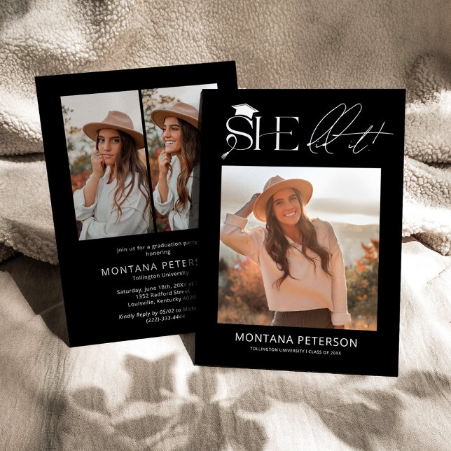 She Did It Black 3 Photo Graduation Party Invitation (Creator Uploaded)