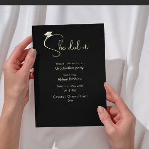 She did it black and gold foil graduation invitation
