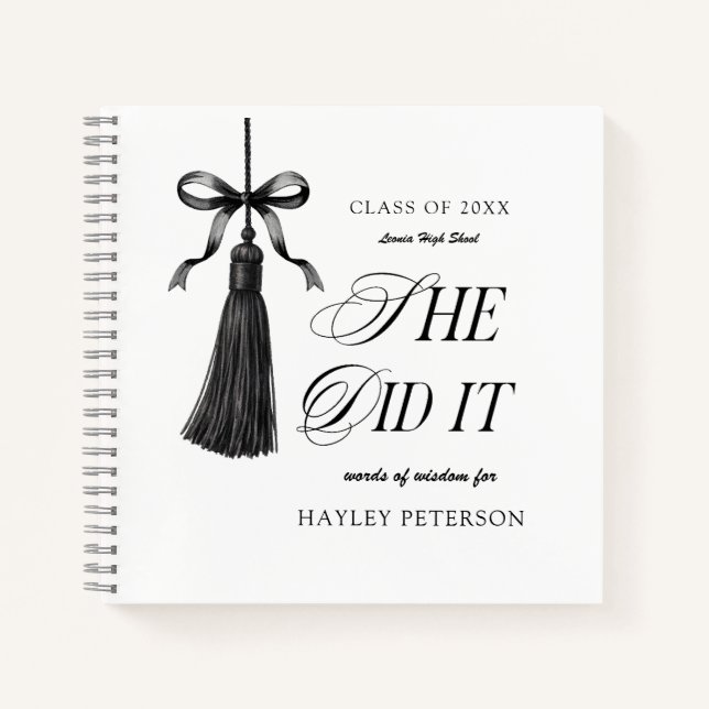 She Did It Black Bow Graduation Party Guestbook Notebook (Front)