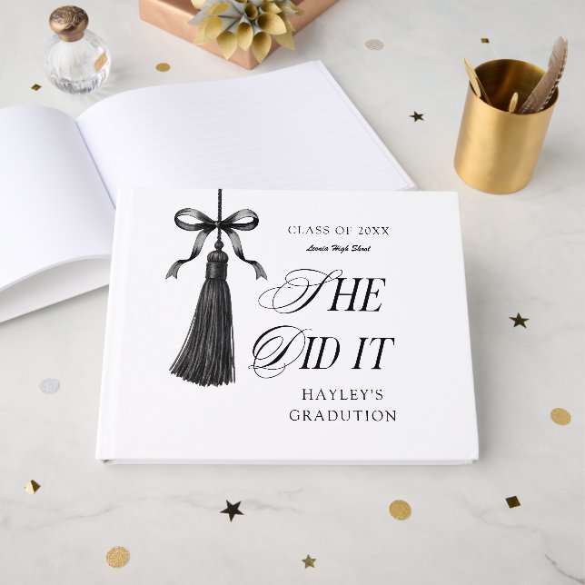 She Did It Black Bow Personalized Graduation Party Guest Book (Front Open)