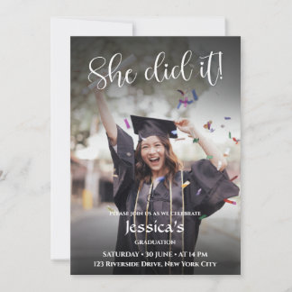 She Did It! Black Gradient Photo Graduation Invitation