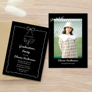 She did it Black Hand Drawn Bow Photo Grad Party Invitation