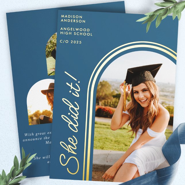 She Did It Blue Modern Arch Photo Graduation Foil Invitation (Creator Uploaded)