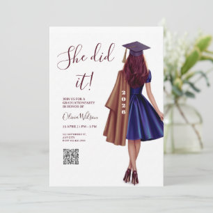 She Did It   Brown Bronze Elegant Graduation Party Invitation