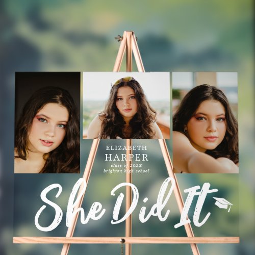 She Did It Brush Script 3 Photo Graduation Acrylic Sign
