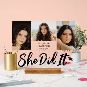 She Did It Brush Script 3 Photo Graduation Acrylic Sign