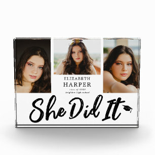 She Did It Brush Script 3 Photo Graduation Gifts