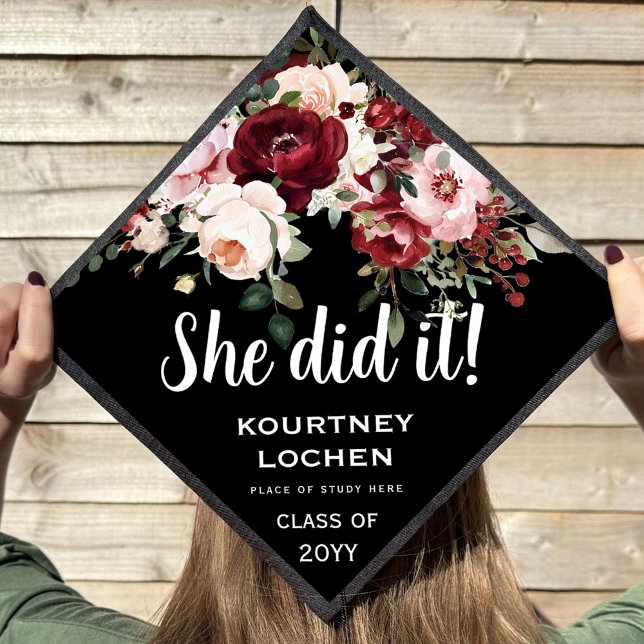 She Did It!' Burgundy & Blush Floral Graduate  Graduation Cap Topper (Creator Uploaded)