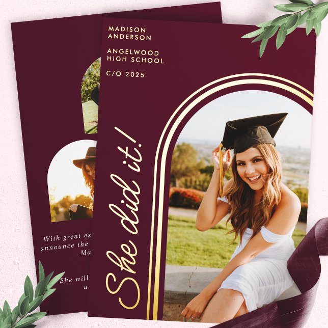 She Did It Burgundy Modern Arch Photo Graduation Foil Invitation (Creator Uploaded)