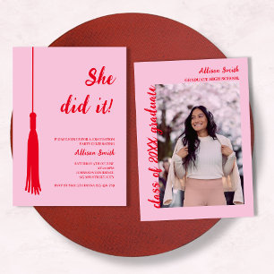 She Did It Chic Tassel Red & Pink Photo Graduation Invitation