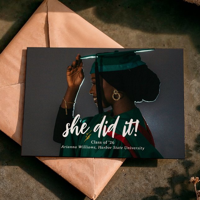 She Did It Classic Script Photo Graduation Announcement (Creator Uploaded)