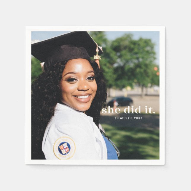 She Did It Custom Graduation Announcement Photo Napkins (Front)