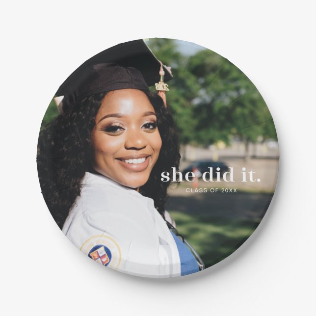 She Did It Custom Graduation Photo Paper Plates (Front)