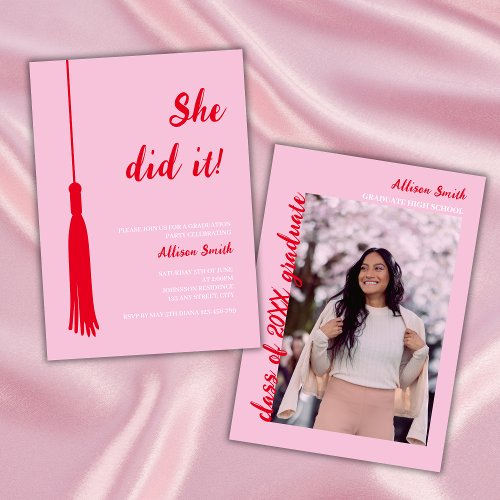 She Did It Feminine Red  Pink Photo Graduation Invitation