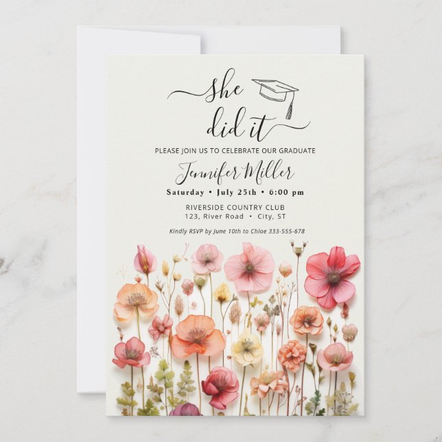 She did it Floral Graduation Party announcement (Front)