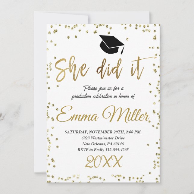 She Did It Gold Graduation Party Invitation (Front)