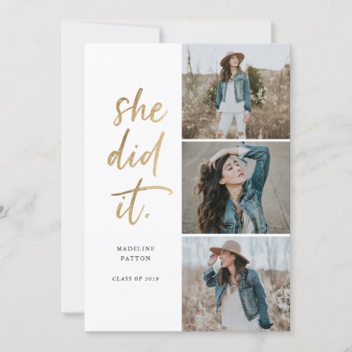 She Did It Gold  White Graduation Announcement