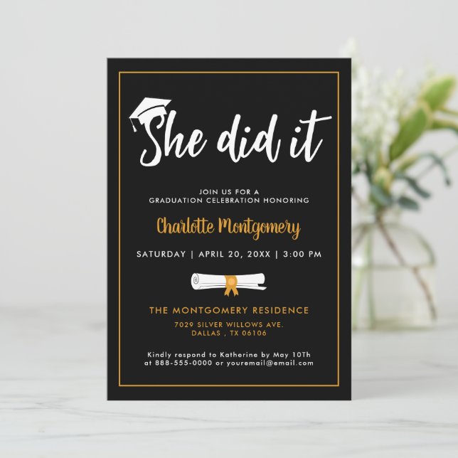 She Did It Grad Cap Black Graduation Party Photo Invitation (Standing Front)