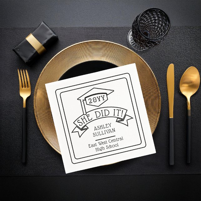 She Did It Grad Cap Graduation Name | School  Napkins (Black and White Grad Cap "She Did It!" Graduation Name and Class Year with School Paper Napkins)