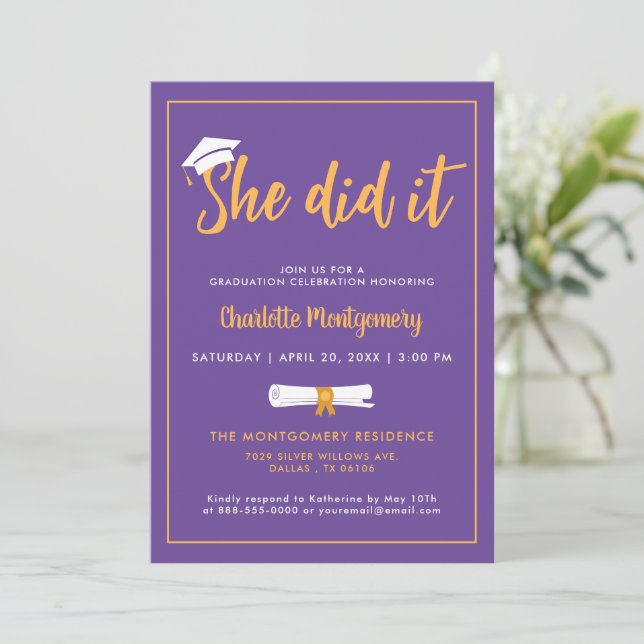 She Did It Grad Cap Purple Graduation Party Photo Invitation (Standing Front)