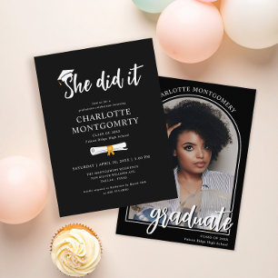 She Did It Grad Cap Tassel Black Graduation Photo Invitation