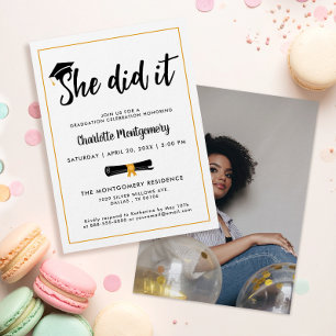 She Did It Grad Cap Tassel Graduation Party Photo Invitation